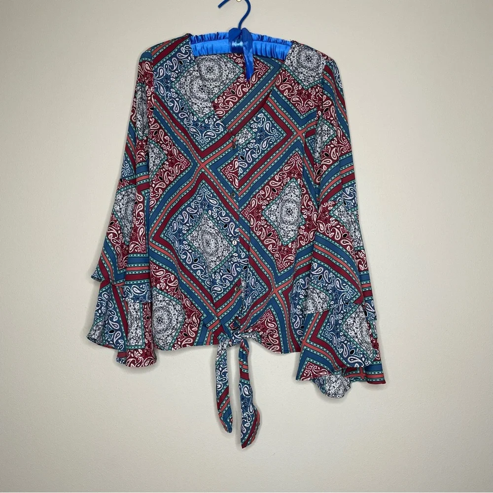 Altar'd State Blue/Multicolor Print Bohemian Blouse w/Bell Sleeves and Tie Front - Picture 8 of 8